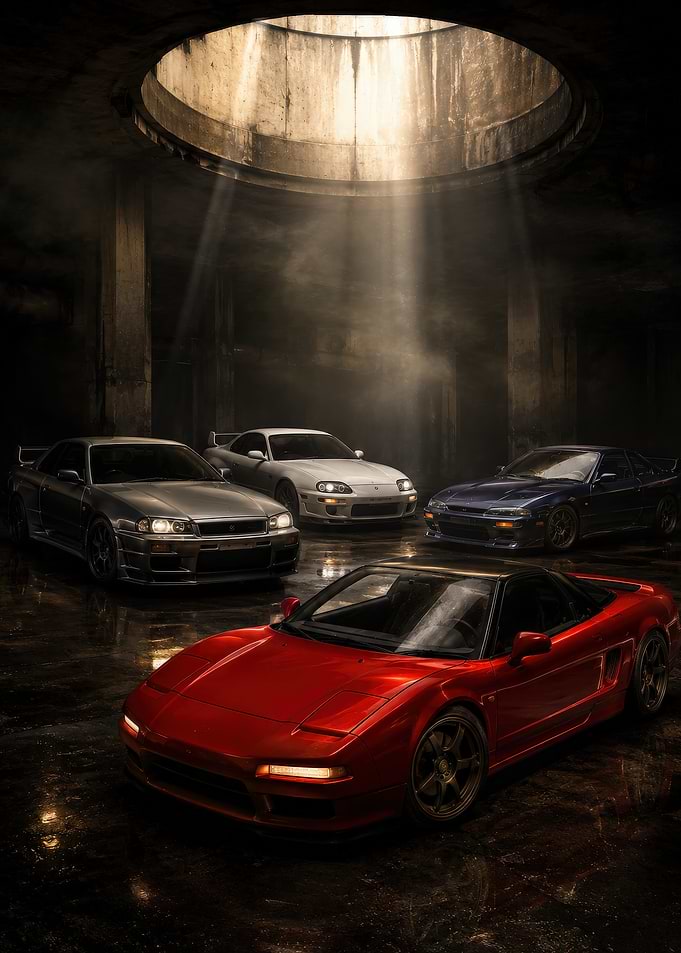 Iconic Japanese Sports Cars in Dramatic Lighting