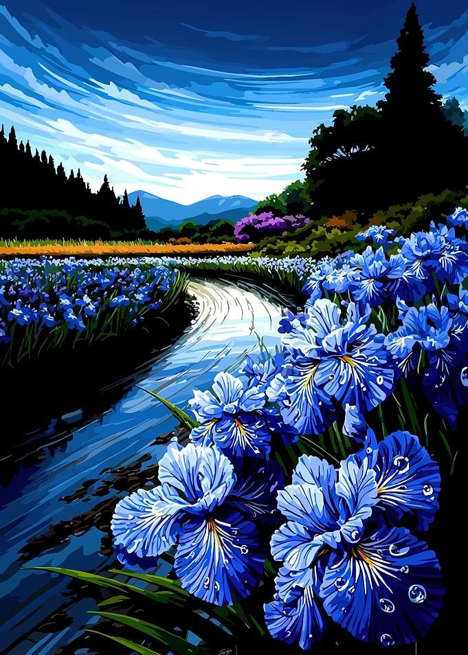 Blue Irises by a Stream