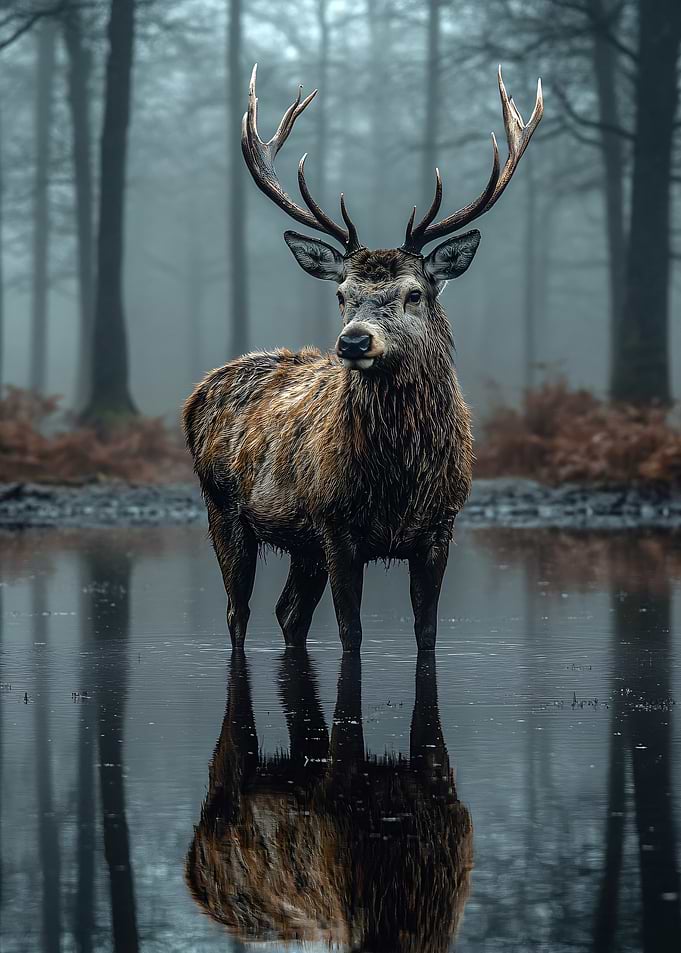 Majestic Stag in Misty Forest Pool