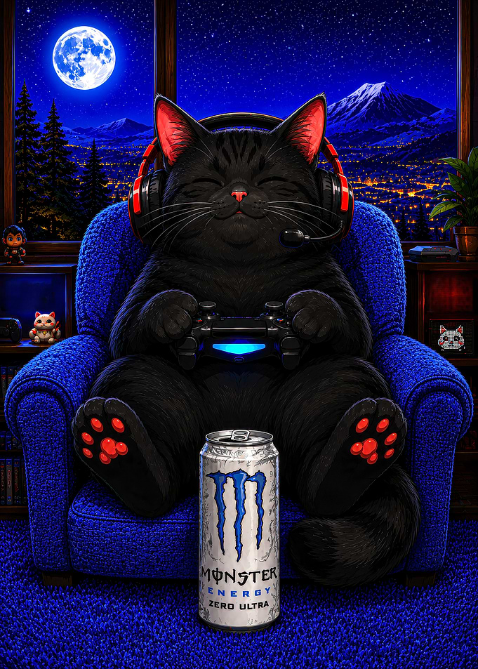 Gamer Cat with Monster Energy Drink