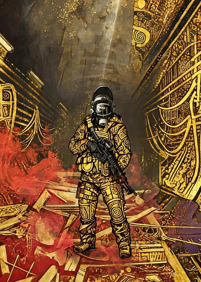 Soldier in Golden Armor in Ruined Hall