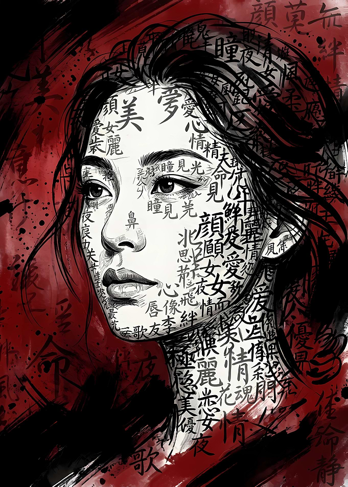 Woman's Face Composed of Japanese Text