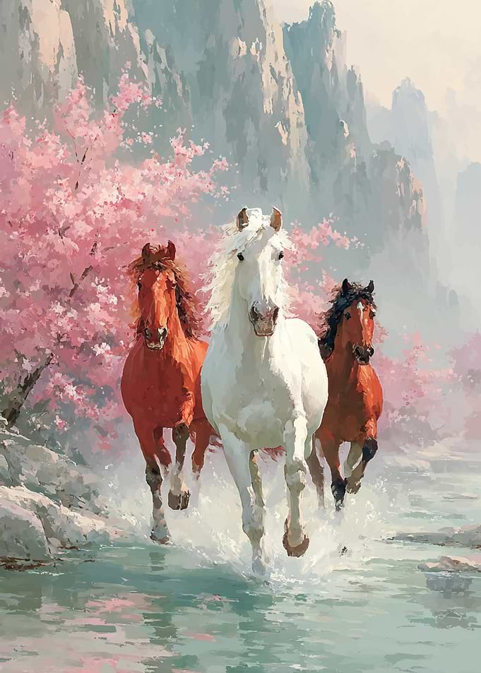 Horses Running Through Cherry Blossoms
