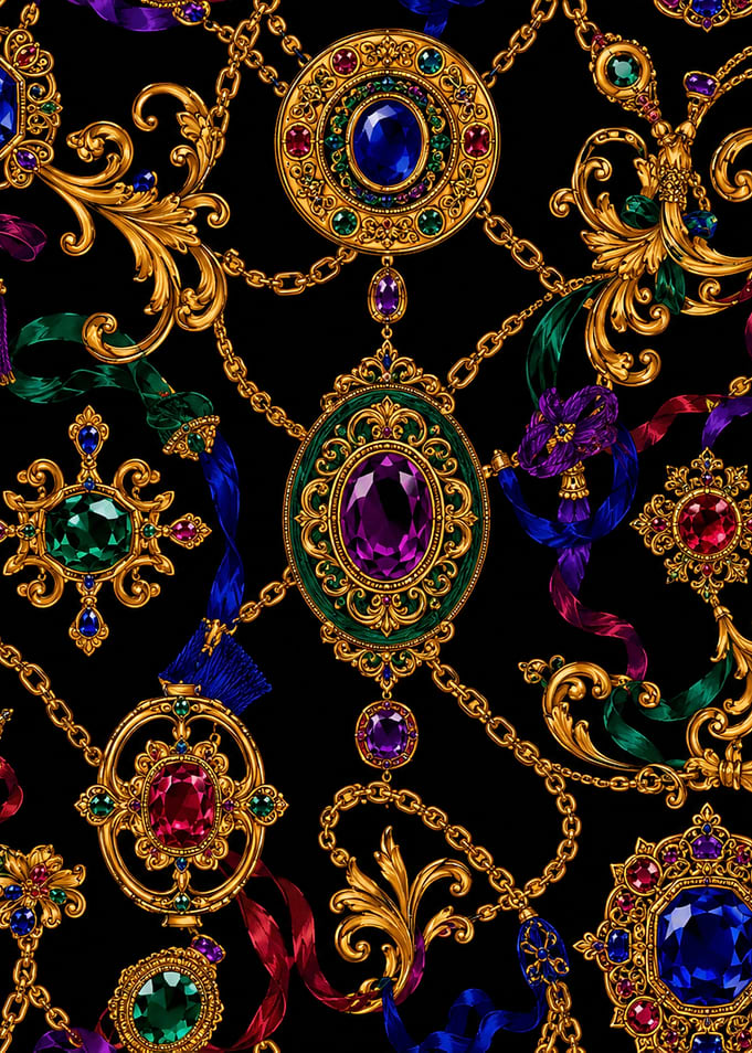 80s Baroque: Ornate Gold Jewelry and Gemstones Pattern