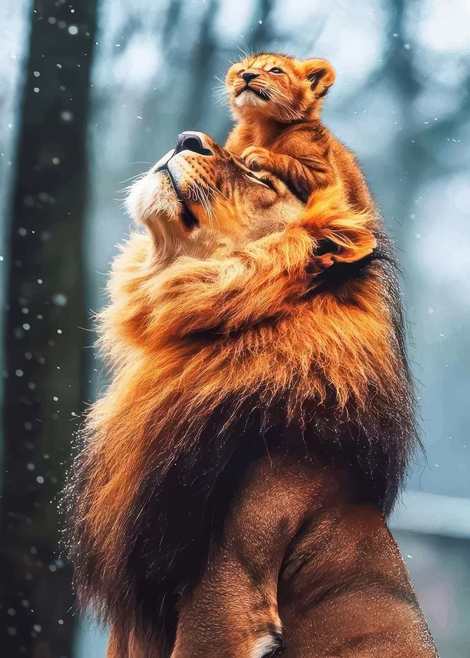 Lion and cub in snow