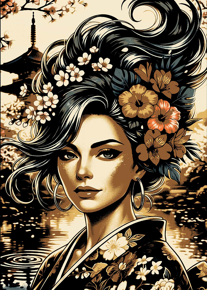 Geisha with Flowers and Pagoda