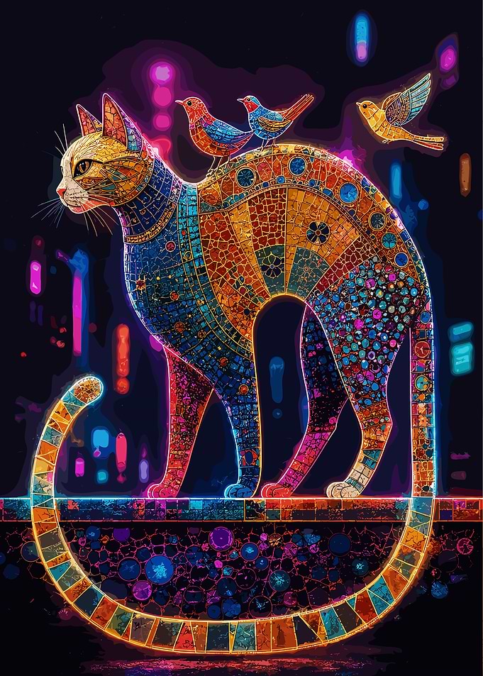 Mosaic Cat with Birds