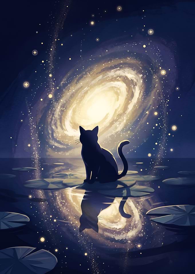 Black Cat Contemplating the Cosmic Galaxy