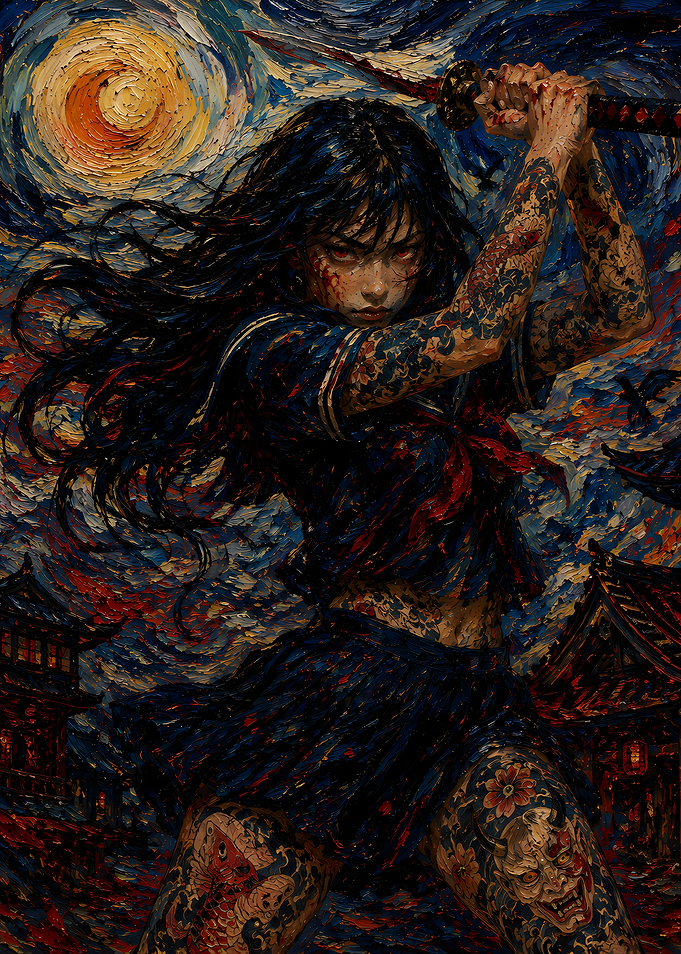 Tattooed Samurai Girl in Starry Night