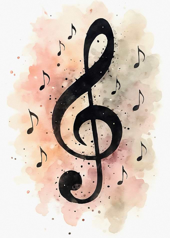 Watercolor Treble Clef and Music Notes