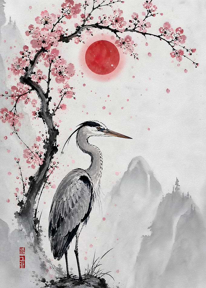 Heron Under Cherry Blossoms