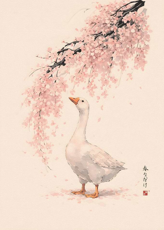 Goose Under Cherry Blossoms
