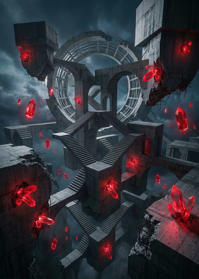 Surreal Escher-like Architecture with Red Crystals