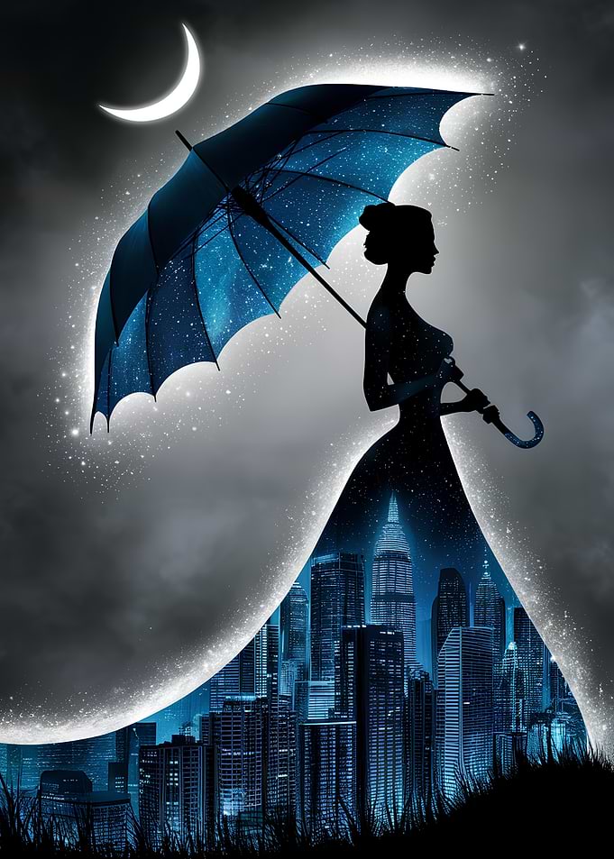 Woman with Cityscape Dress Under Starry Umbrella