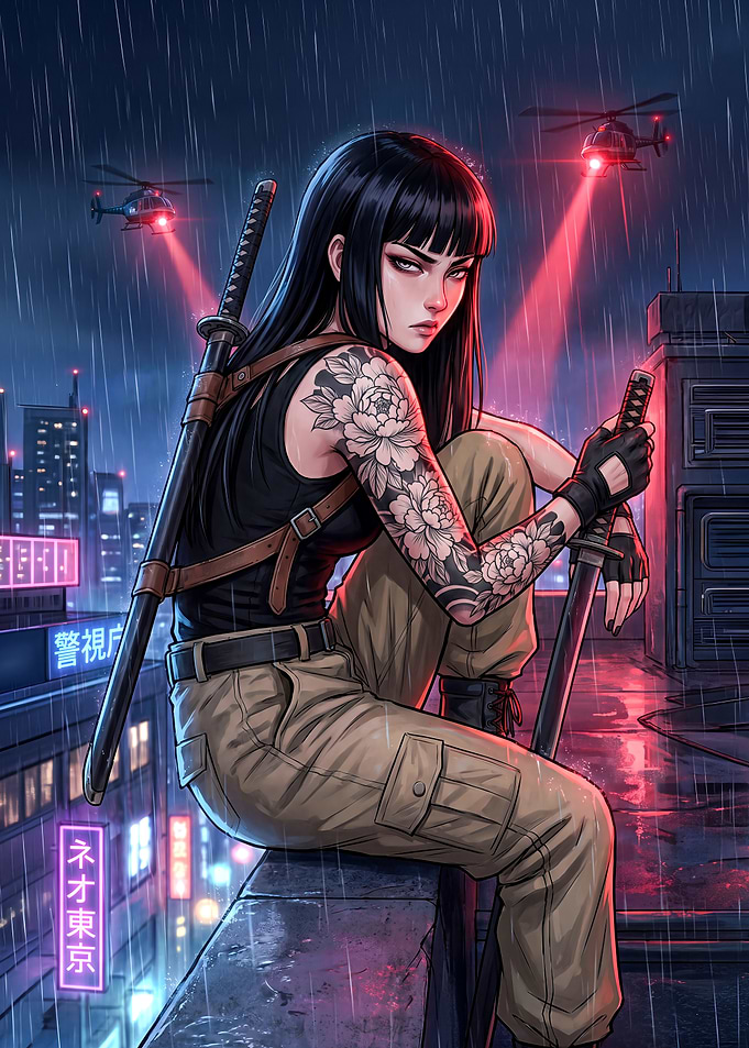 Cyberpunk Assassin in Neon Tokyo