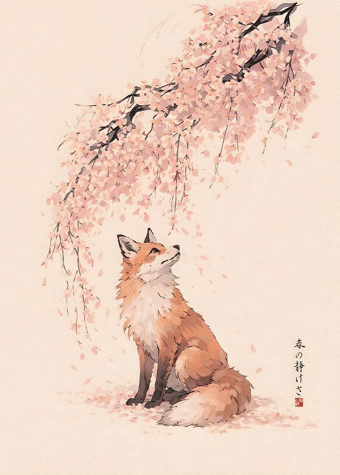 Fox Under Cherry Blossoms
