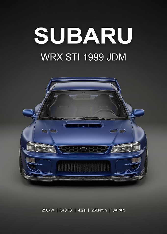 sleek Subaru WRX STI 1999 JDM blue car poster