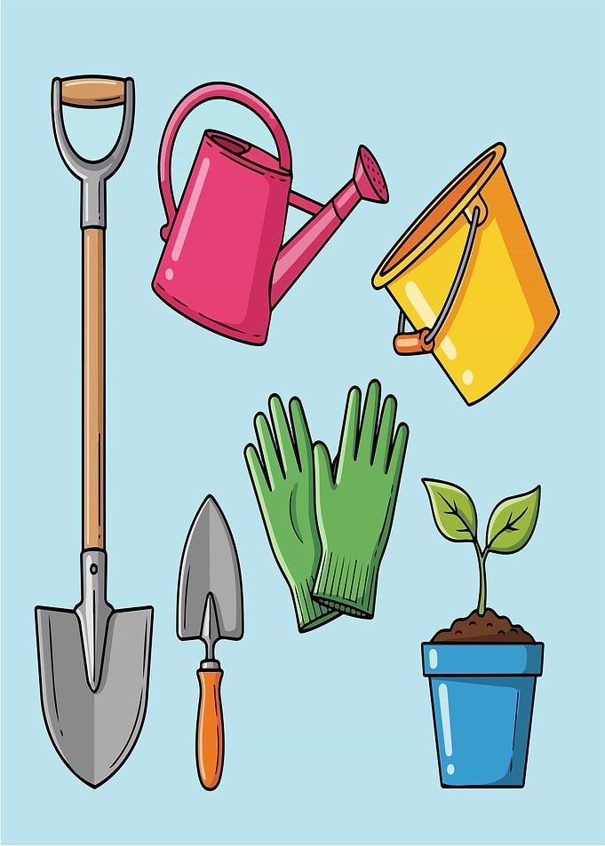 Gardening Tools and Plant Illustration