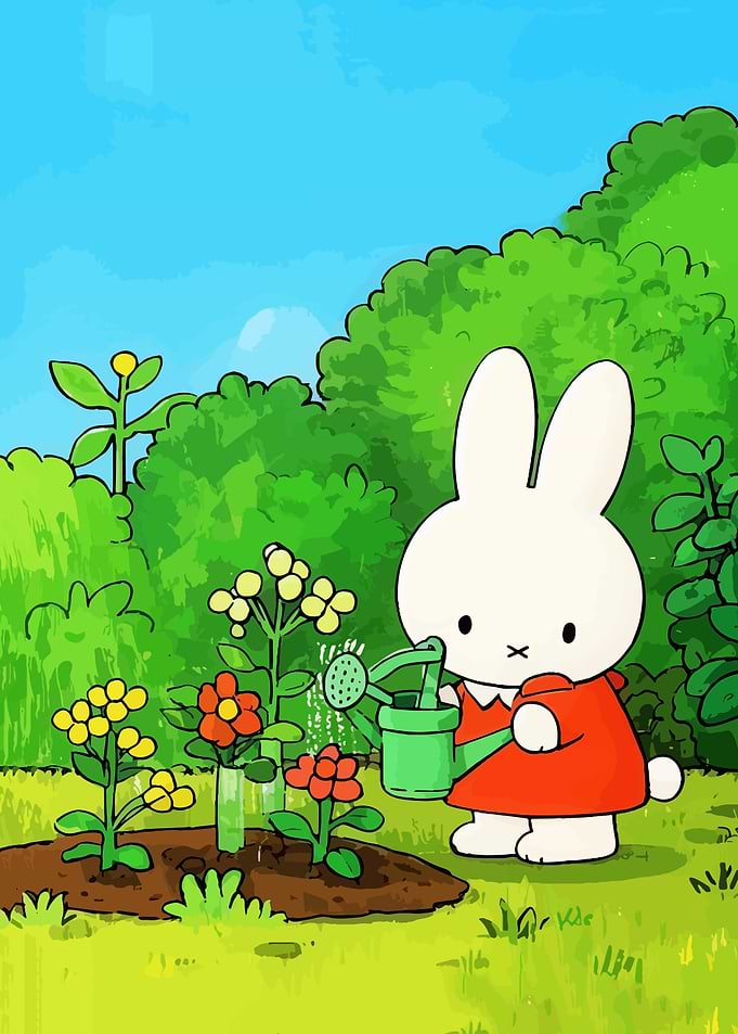 Miffy Watering Flowers in a Garden
