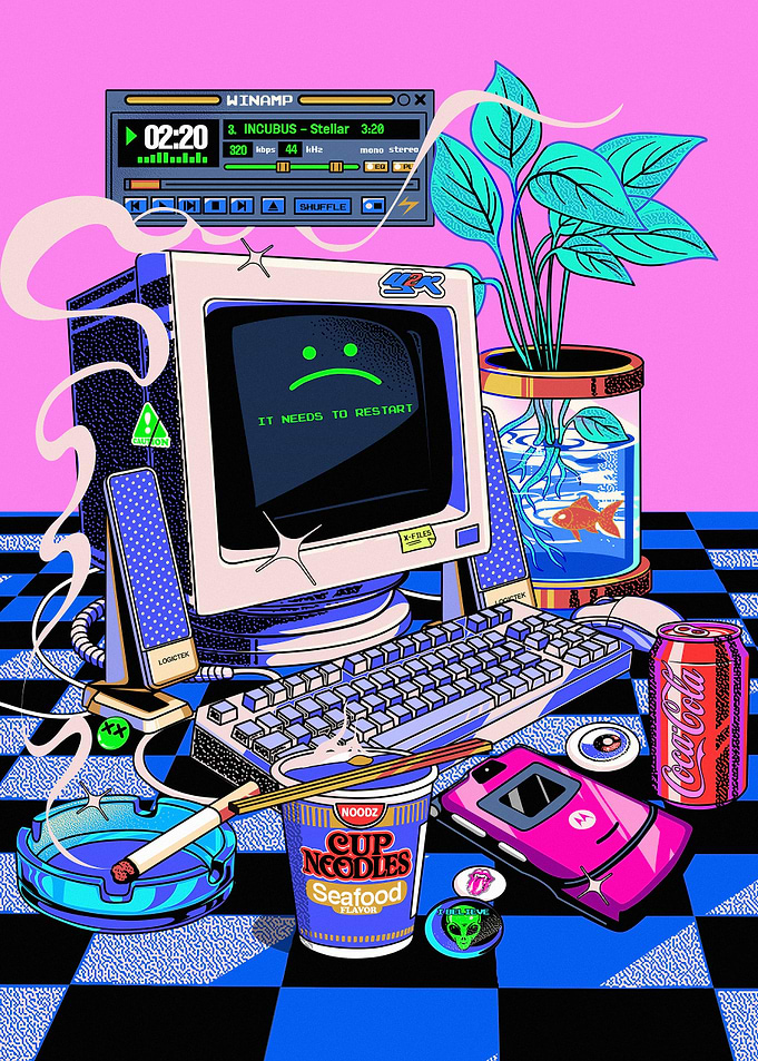 Retro Computer Setup with Cup Noodles