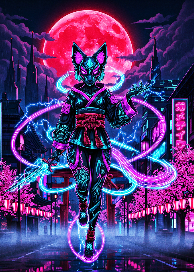 Cyberpunk Kitsune Warrior in Neon City
