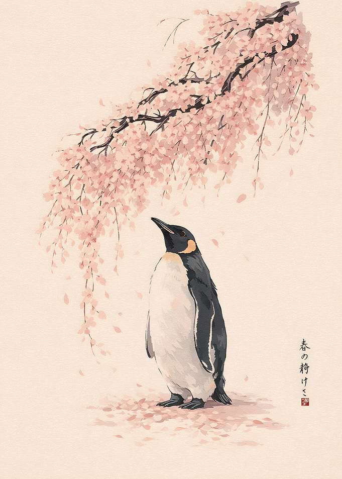 Penguin Under Cherry Blossoms