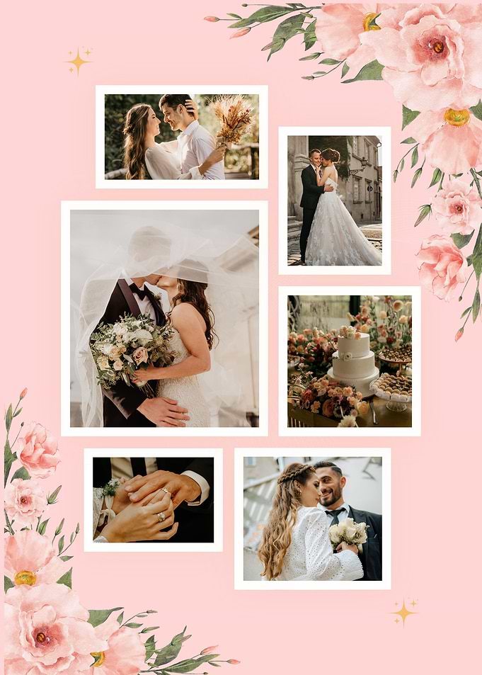 Wedding Photo Collage with Floral Accents