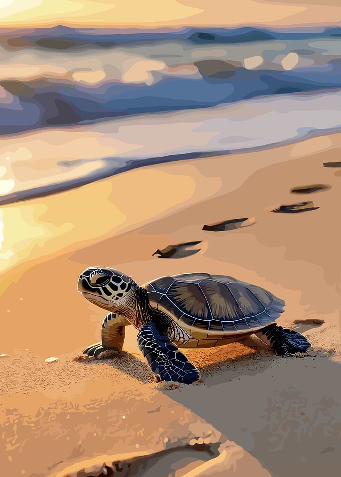 Sea Turtle on a Sandy Beach at Sunset