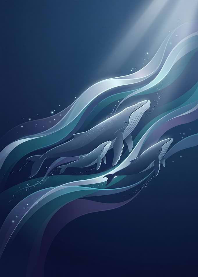 Whales swimming in ocean currents