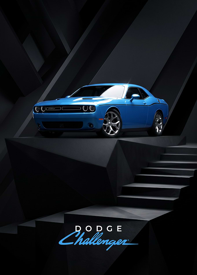 Blue Dodge Challenger on a Modern Stage