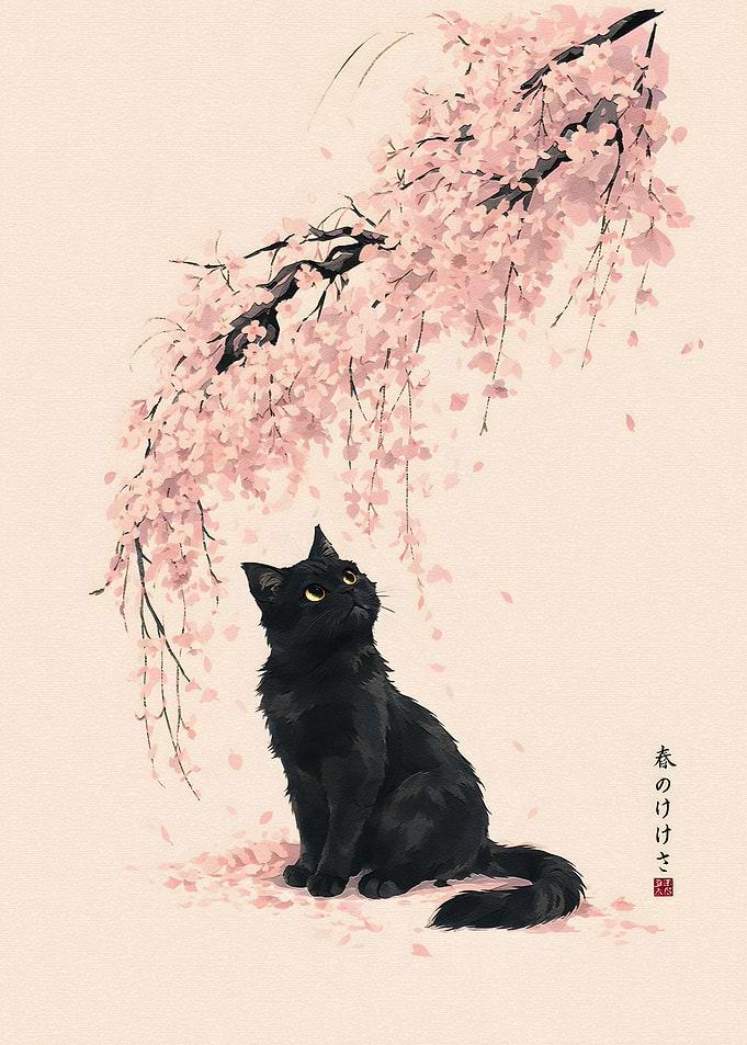 Black Cat Under Cherry Blossoms