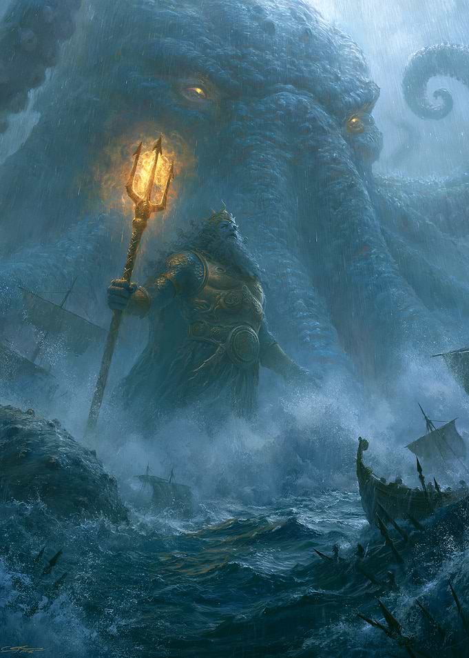 Mythological Sea God and Kraken