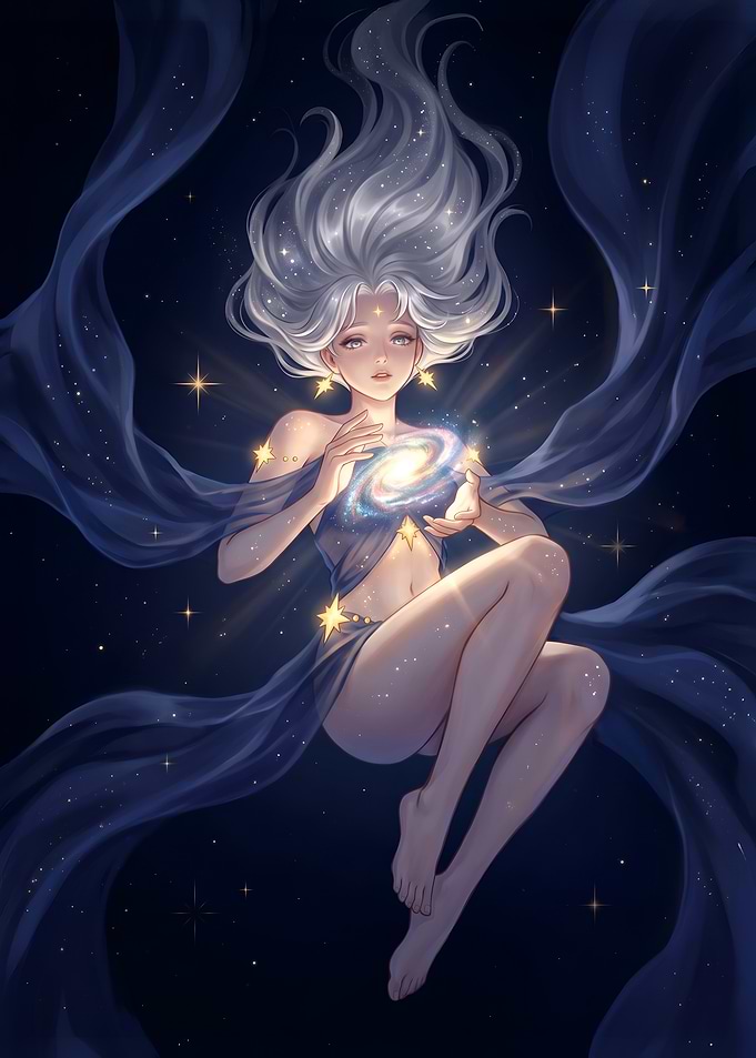 Celestial Goddess Holding a Spiral Galaxy