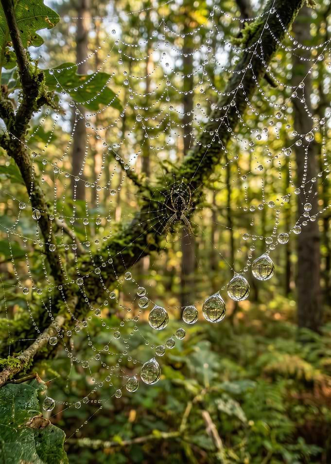 Spiderweb with Dewdrops in Forest