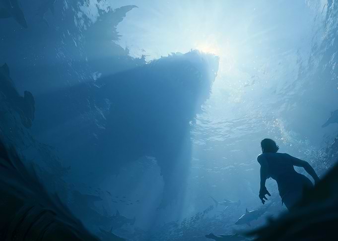 Man faces giant shark underwater