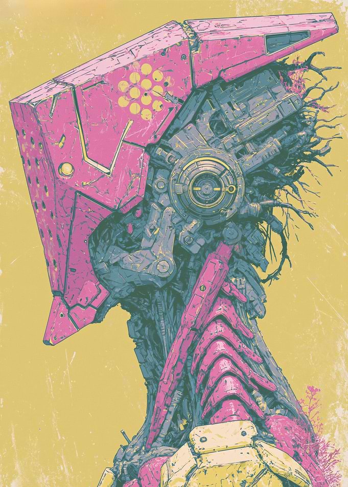 Cyberpunk Robot with Pink and Yellow Accents