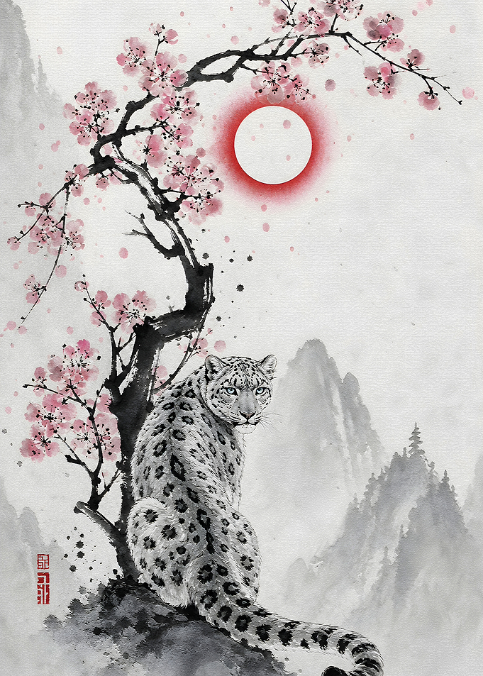 Snow Leopard Under Cherry Blossoms