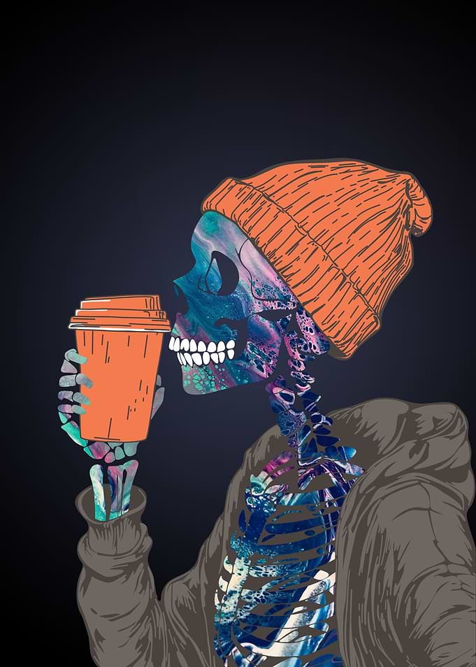 Skeleton drinking coffee