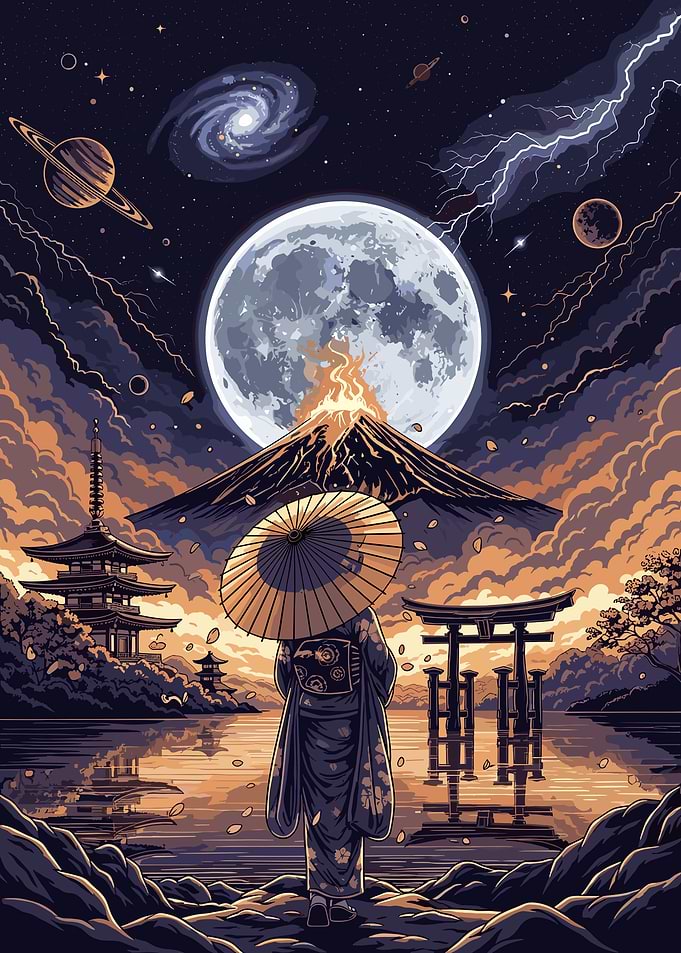 Japanese Woman Under Moonlit Sky