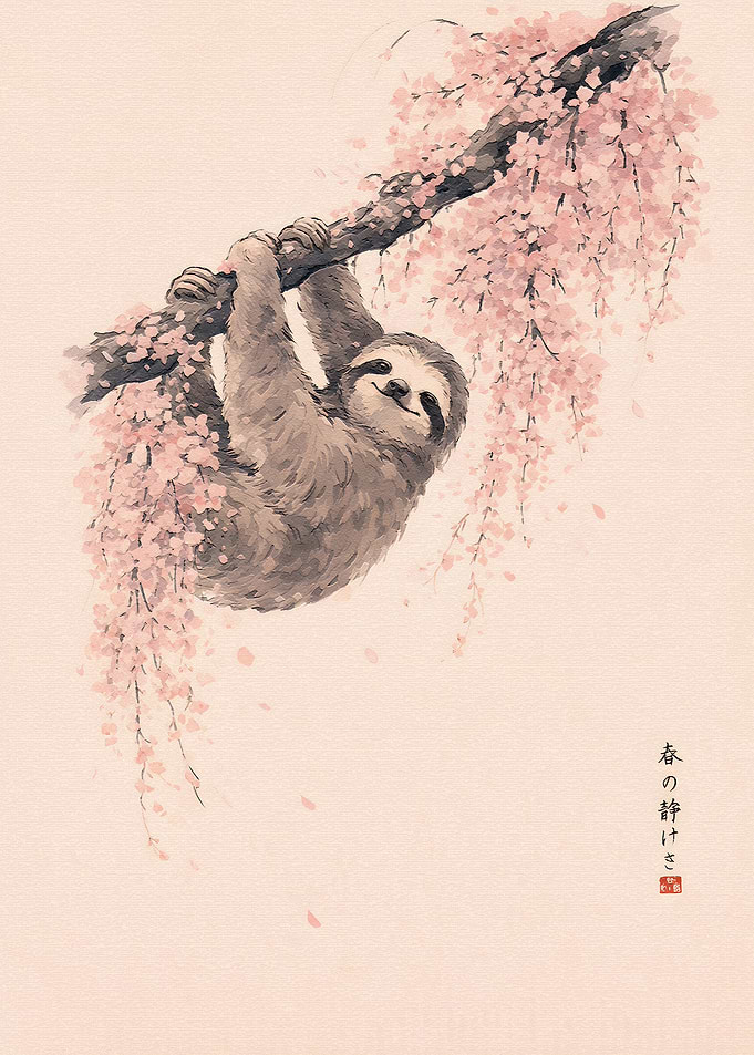 Sloth Hanging from Cherry Blossom Tree