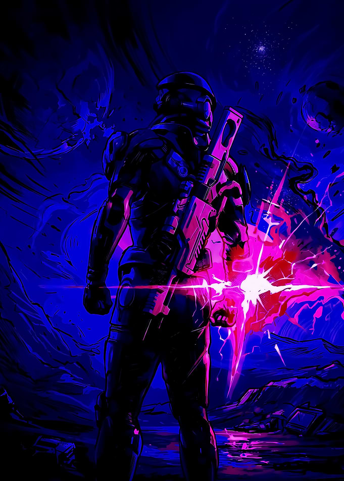 Soldier in Neon Sci-Fi Landscape