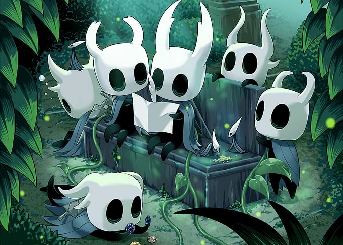 Hollow Knight characters on a bench