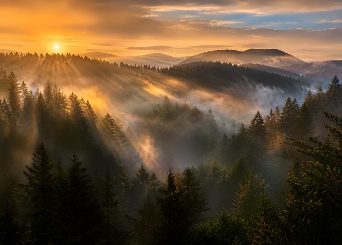 Misty Mountain Sunrise with Sunbeams