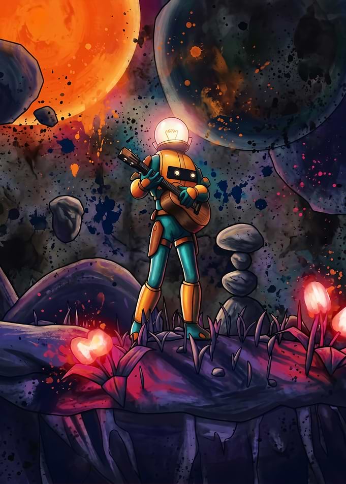 Robot playing guitar in alien landscape