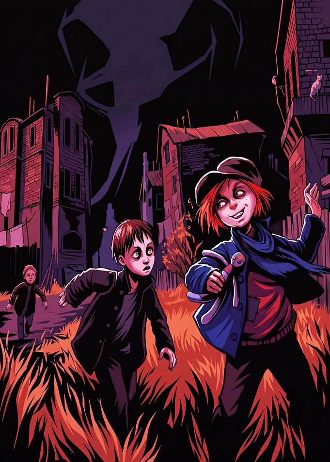 Children in a dark, spooky cityscape