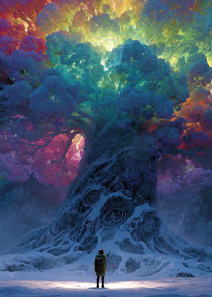 Enchanted Winter Tree with a Lone Wanderer