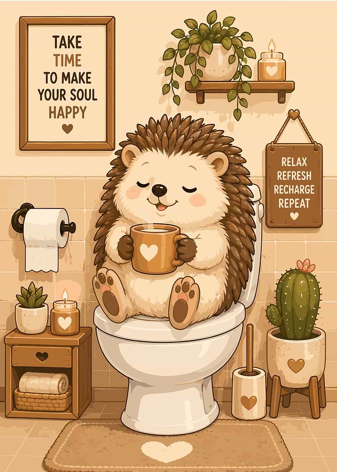 Cute Hedgehog Enjoying Coffee in Bathroom