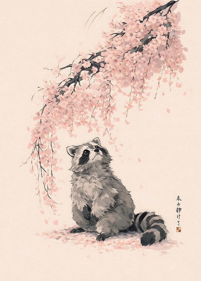 Raccoon Under Cherry Blossoms