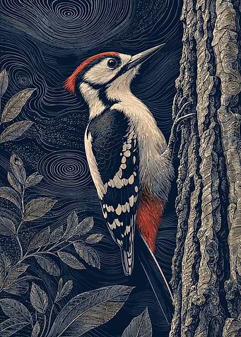 Woodpecker on a Tree Trunk