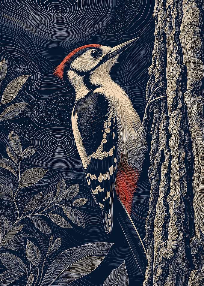 Woodpecker on a Tree Trunk
